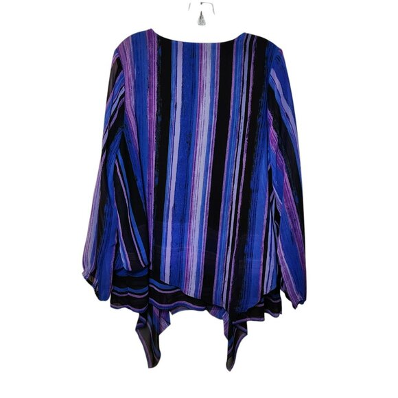 Susan Graver Blouse L Purple Black Striped Long Sleeve Asymmetrical Hem Preowned - Picture 7 of 9